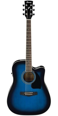 Akustická gitara Ibanez Performance PF15ECE, transparentná modrá Sunburst vysokým leskom